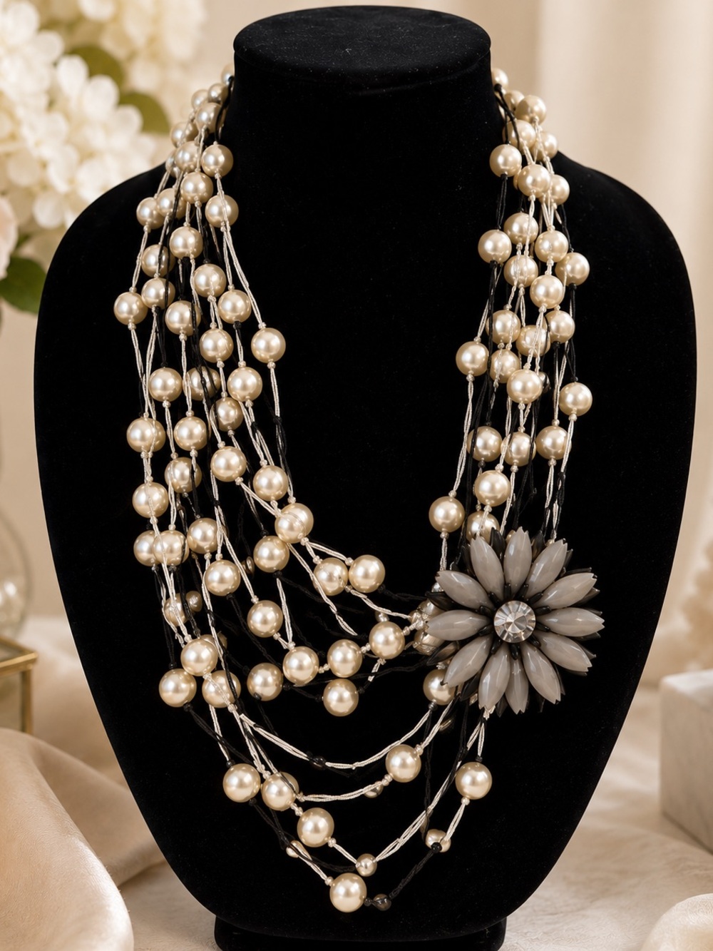 Vintage Layered Faux Pearl Statement Necklace w Floral Rhinestone Brooch